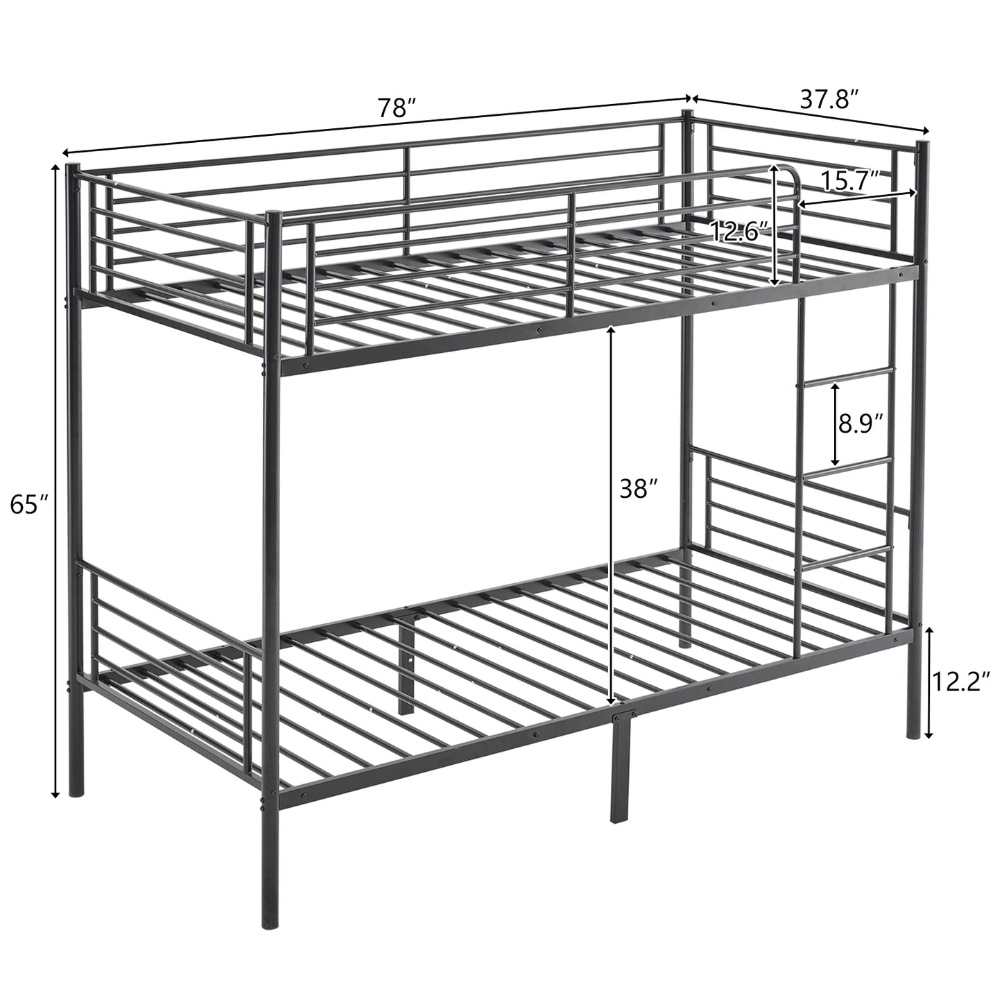 【 Same code 57955699】Twin Over Twin Bunk Bed for Kids Teens Adults, Heavy Duty Metal Bunk Bed with Ladder & Full-Length Guard Rail & Storage Space, Black