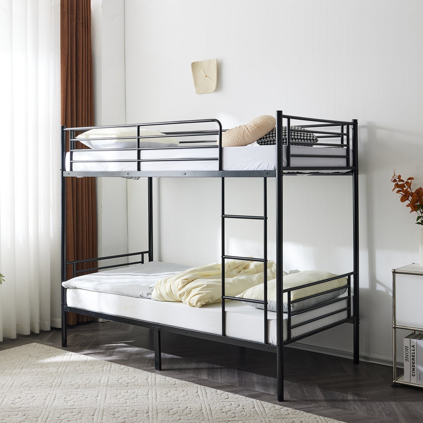 【 Same code 57955699】Twin Over Twin Bunk Bed for Kids Teens Adults, Heavy Duty Metal Bunk Bed with Ladder & Full-Length Guard Rail & Storage Space, Black