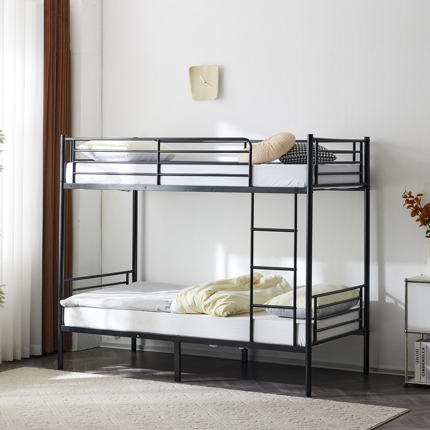 【 Same code 57955699】Twin Over Twin Bunk Bed for Kids Teens Adults, Heavy Duty Metal Bunk Bed with Ladder & Full-Length Guard Rail & Storage Space, Black