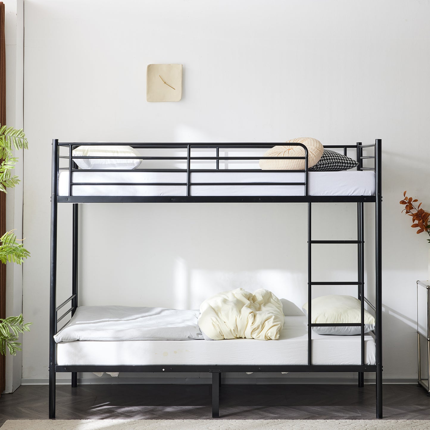 【 Same code 57955699】Twin Over Twin Bunk Bed for Kids Teens Adults, Heavy Duty Metal Bunk Bed with Ladder & Full-Length Guard Rail & Storage Space, Black