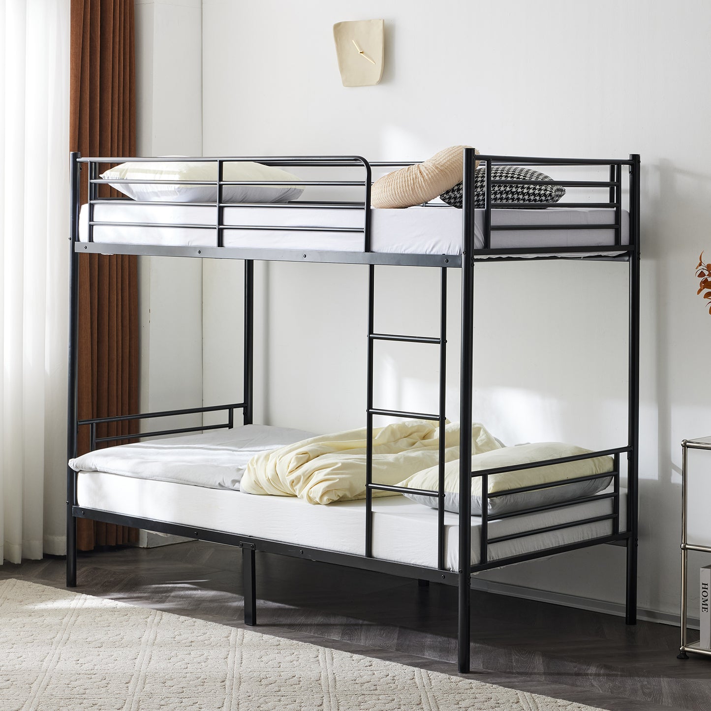 【 Same code 57955699】Twin Over Twin Bunk Bed for Kids Teens Adults, Heavy Duty Metal Bunk Bed with Ladder & Full-Length Guard Rail & Storage Space, Black