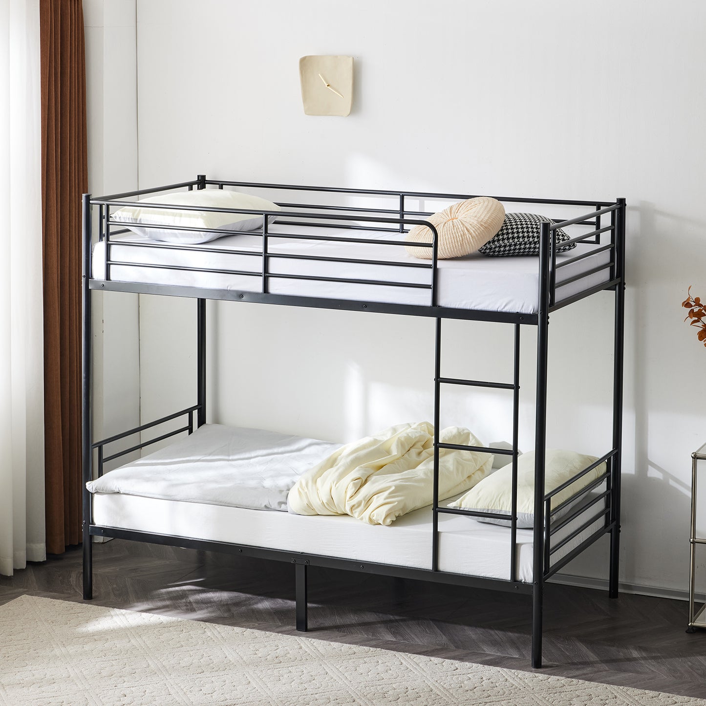 【 Same code 57955699】Twin Over Twin Bunk Bed for Kids Teens Adults, Heavy Duty Metal Bunk Bed with Ladder & Full-Length Guard Rail & Storage Space, Black