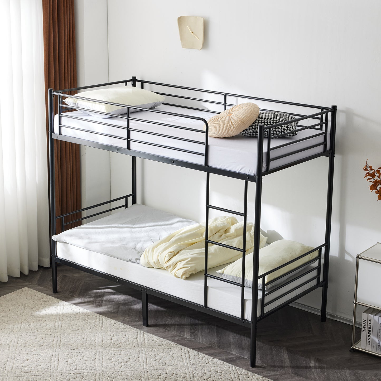 【 Same code 57955699】Twin Over Twin Bunk Bed for Kids Teens Adults, Heavy Duty Metal Bunk Bed with Ladder & Full-Length Guard Rail & Storage Space, Black