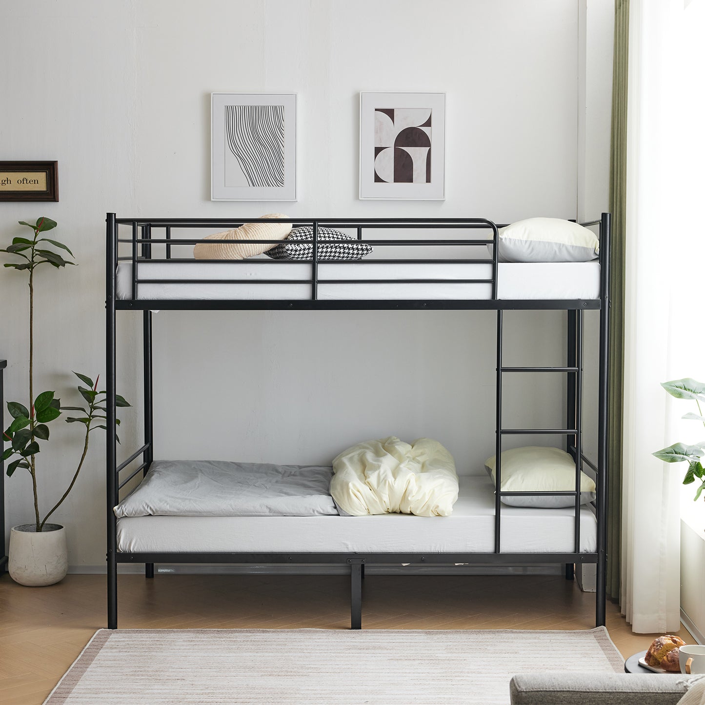 【 Same code 57955699】Twin Over Twin Bunk Bed for Kids Teens Adults, Heavy Duty Metal Bunk Bed with Ladder & Full-Length Guard Rail & Storage Space, Black