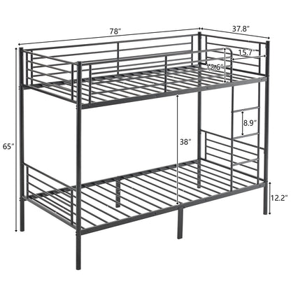 【 Same code 57955699】Twin Over Twin Bunk Bed for Kids Teens Adults, Heavy Duty Metal Bunk Bed with Ladder & Full-Length Guard Rail & Storage Space, Black