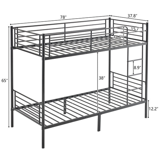 【 Same code 57955699】Twin Over Twin Bunk Bed for Kids Teens Adults, Heavy Duty Metal Bunk Bed with Ladder & Full-Length Guard Rail & Storage Space, Black