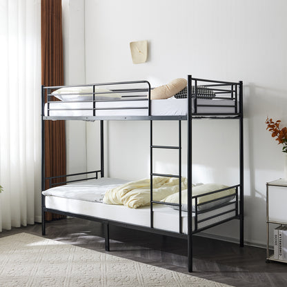 【 Same code 57955699】Twin Over Twin Bunk Bed for Kids Teens Adults, Heavy Duty Metal Bunk Bed with Ladder & Full-Length Guard Rail & Storage Space, Black