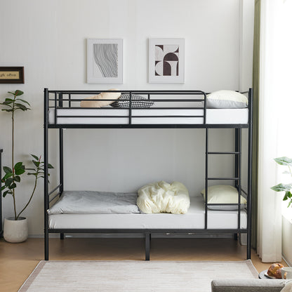 【 Same code 57955699】Twin Over Twin Bunk Bed for Kids Teens Adults, Heavy Duty Metal Bunk Bed with Ladder & Full-Length Guard Rail & Storage Space, Black